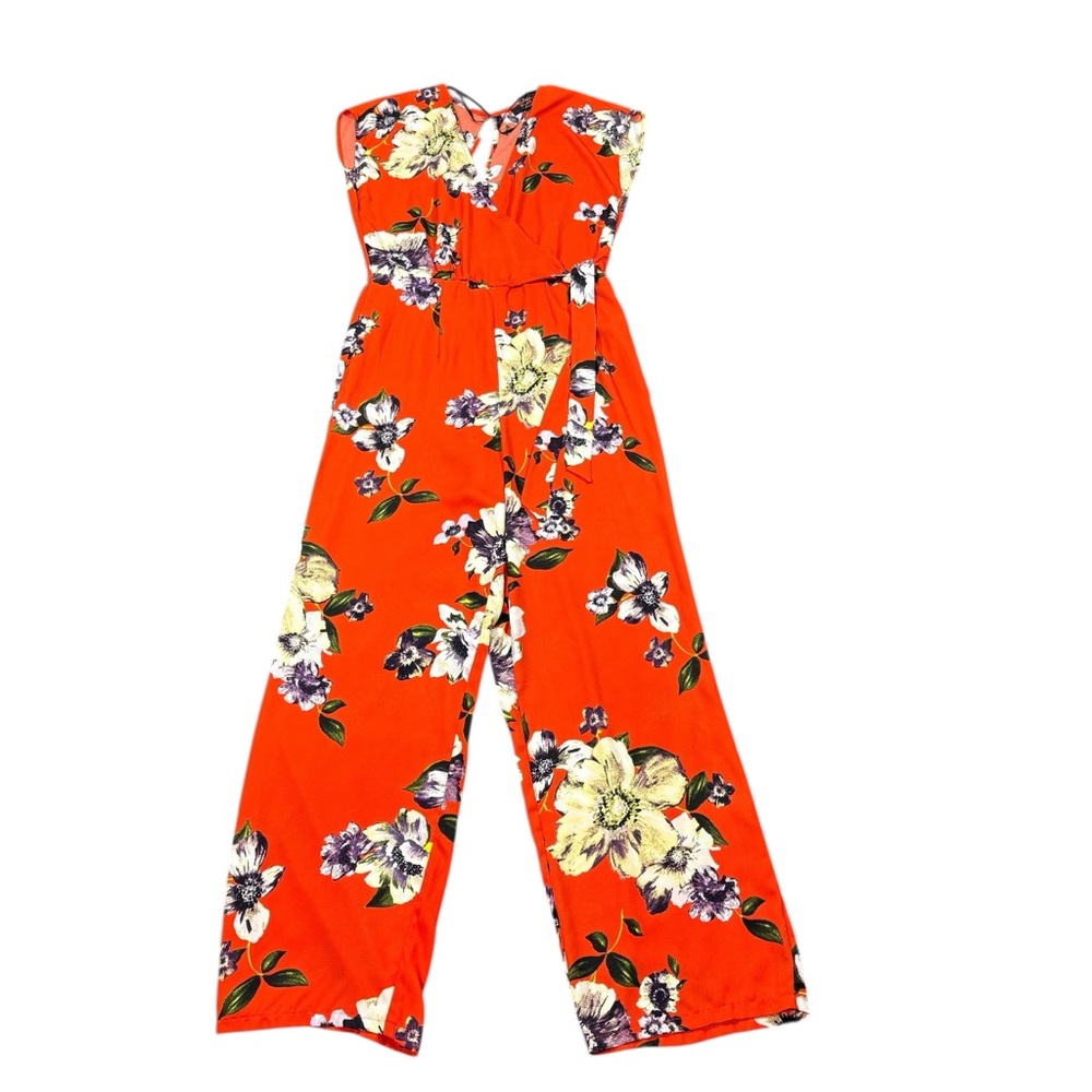 Forever 21 Floral Wide Leg Jumpsuit Orange Wrap Front Boho Summer Romper Size M